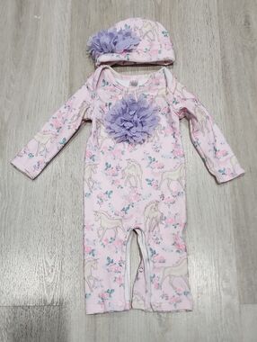 Baby Essentials Pink Floral Unicorn Romper with Lilac Accents 9 Months